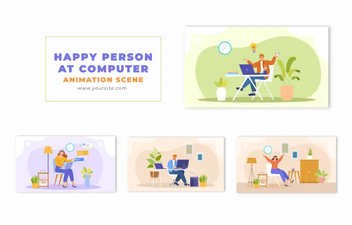 Flat 2D Vector Happy Person at Computer Animation Scene